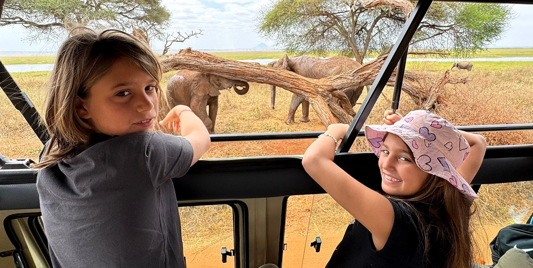 Famiglia durante un safari con elefanti sullo sfondo